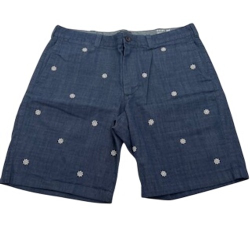 J.Crew Mens Navy Blue Embroidered‎ Ship Wheel Nautical Cotton Shorts Size 34 9in